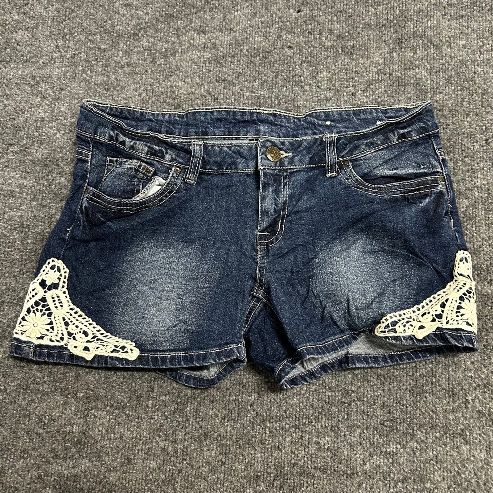 Esmara Denim Shorts Womens Size 14 Dark Wash Crochet Lace Trim Boho Low Rise
